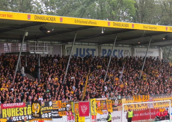 Die Ruhestörer Fahne beim Dynamo Spiel in Großaspach.<br />    <button type=