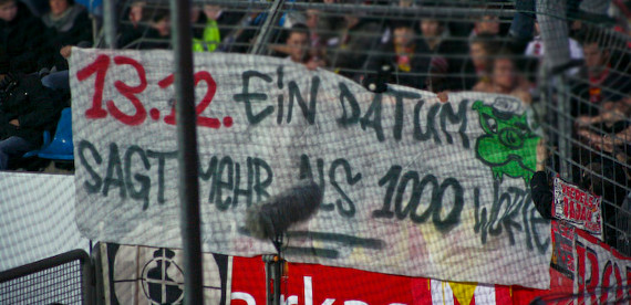 Bereits 2008 nahmen Ultras den 13. Dezember zum Anlass, um die Kombination 1312 zu nutzen.<br />    <button type=