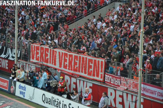 Beim Heimspiel gegen Eintracht Frankfurt forderten die Coloniacs alle Parteien auf, den Verein wieder zu vereinen<br />    <button type=