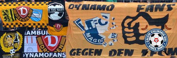 Die Dynamo Fans gegen den 1. FCM Zaunfahne<br />    <button type=