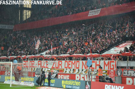 Alle zur Demo nach MG-Spruchband am Samstag in der Kölner Südkurve. Bild: Faszination Fankurve