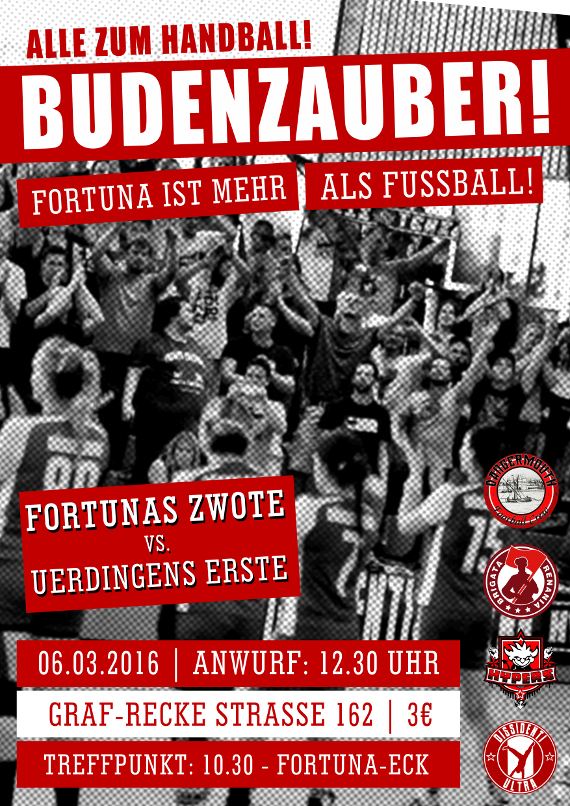 Mit diesem Flyer wird für das Handballspiel mobilisiert<br />    <button type=