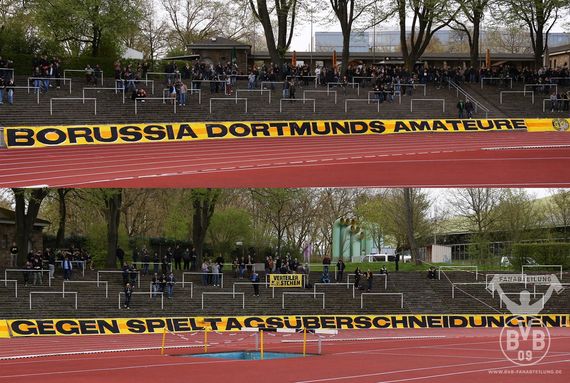 Die BVB-Fans sprechen sich seit Jahren gegen zeitgleiche Anstoßzeiten bei Profis und Amateuren aus<br />    <button type=
