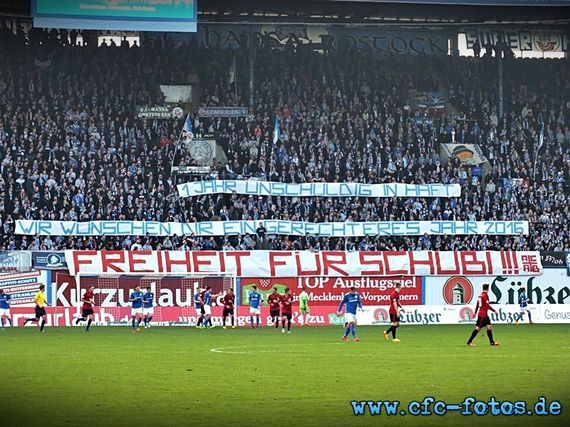 Freiheit für Schubi Forderung der Südtribüne Rostock.<br />    <button type=