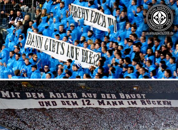 Mit diesem Spruchband konterten die Darmstadt 98 Fans die Choreografie der Nordwestkurve Frankfurt.<br />Bild: usualsuspects2006.de”><figcaption>Mit diesem Spruchband konterten die Darmstadt 98 Fans die Choreografie der Nordwestkurve Frankfurt.<br />Bild: usualsuspects2006.de</figcaption></figure>
<figure><img decoding=