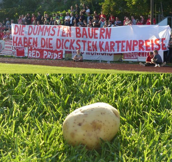 Zu Beginn der 2. Halbzeit protestierten die FC Bayern-Fans mit diesem Spruchband und fliegenden Kartoffeln gegen die Eintrittspreise.<br />Bild: Amateure Bladdl”><figcaption>Zu Beginn der 2. Halbzeit protestierten die FC Bayern-Fans mit diesem Spruchband und fliegenden Kartoffeln gegen die Eintrittspreise.<br />Bild: Amateure Bladdl</figcaption></figure>
<figure><img decoding=