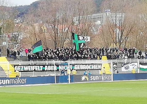 So sah der Auftritt der Preußen Münster Ultras in Jena aus. Bild: FC Carl Zeiss Jena - SC Preußen Münster (26.01.2019) 0:0 Bild: georg_schumann