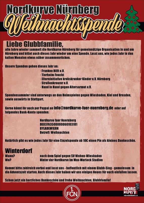 Die Nordkurve Nürnberg organisiert eine Reihe von Aktionen, darunter einen Wintermarkt am Max-Morlock-Stadion für den guten Zweck.<br />Bild: Faszination-Nordkurve.de”><figcaption>Die Nordkurve Nürnberg organisiert eine Reihe von Aktionen, darunter einen Wintermarkt am Max-Morlock-Stadion für den guten Zweck.<br />Bild: Faszination-Nordkurve.de</figcaption></figure>
                </div>
                
                <!-- YouTube (Meta-Feld) -->
                
            </div>
        </article>

                <script>
        (function() {
            var root = document.querySelector('.ff-single-news-gallery');
            if (!root) return;
            var slides = root.querySelectorAll('.ff-single-news-gallery-slide');
            var dots = root.querySelectorAll('.ff-single-news-gallery-dot');
            var prev = root.querySelector('.ff-single-news-gallery-prev');
            var next = root.querySelector('.ff-single-news-gallery-next');
            var n = slides.length;
            if (n < 2) return;
            var i = 0;
            function closeAllImgInfo() {
                root.querySelectorAll('.ff-fv-img-info-host.is-info-open').forEach(function(host) {
                    host.classList.remove('is-info-open');
                    var b = host.querySelector('.ff-fv-img-info-btn');
                    var p = host.querySelector('.ff-fv-img-info-panel');
                    if (b) b.setAttribute('aria-expanded', 'false');
                    if (p) p.setAttribute('aria-hidden', 'true');
                });
            }
            function show(idx) {
                closeAllImgInfo();
                i = ((idx % n) + n) % n;
                for (var s = 0; s < n; s++) {
                    if (s === i) slides[s].removeAttribute('hidden'); else slides[s].setAttribute('hidden', '');
                }
                for (var s = 0; s < dots.length; s++) {
                    dots[s].classList.toggle('is-active', s === i);
                    dots[s].setAttribute('aria-selected', s === i ? 'true' : 'false');
                }
            }
            if (prev) prev.addEventListener('click', function() { show(i - 1); });
            if (next) next.addEventListener('click', function() { show(i + 1); });
            for (var d = 0; d < dots.length; d++) {
                (function(di) { dots[di].addEventListener('click', function() { show(di); }); })(d);
            }
        })();
        </script>
        
        <!-- Kommentare -->
                <section class=